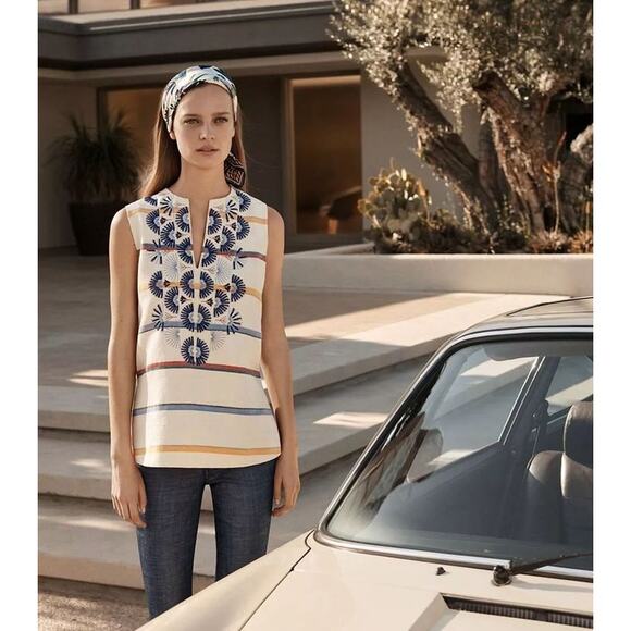 Tory Burch Avery Twill Embroidered Stripe Sleeveless Cotton & Linen Tunic Blouse - Picture 1 of 11